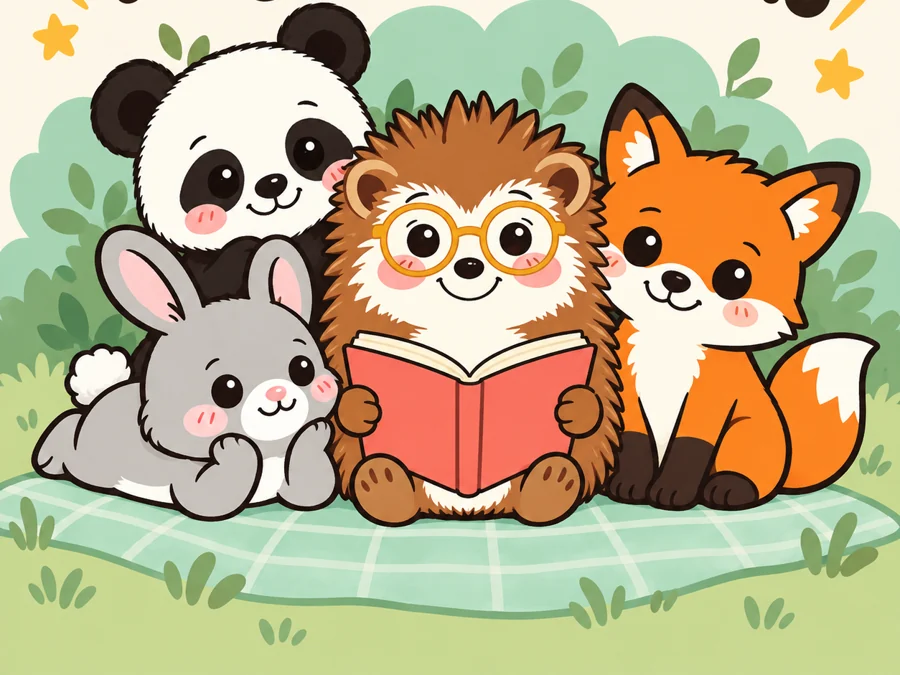 Henry reading a book to Penny the panda, Benny the bunny and Felix the fox